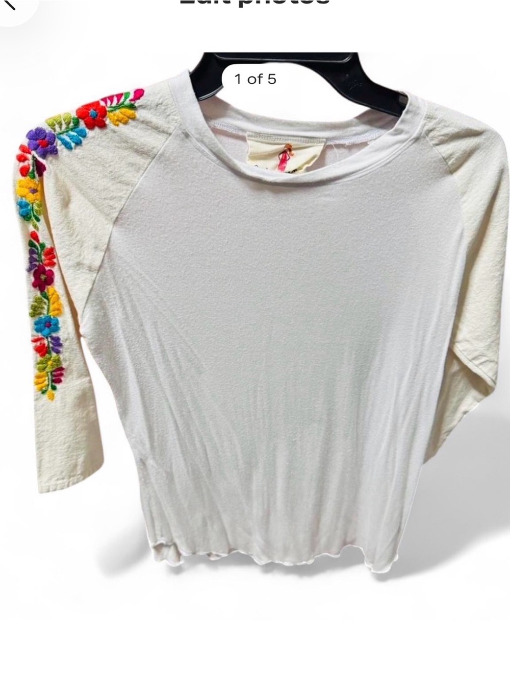 Boho Jane Women’s White Floral Embroidered 3/4 Sleeves Raglan Top Sz M